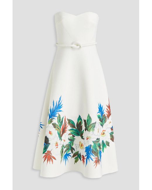 Badgley Mischka White Strapless Floral-print Scuba Midi Dress