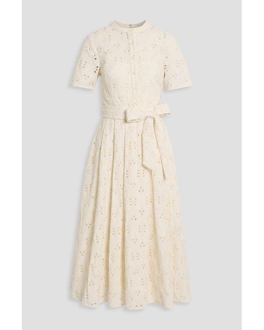 Mikael Aghal Natural Belted Broderie Anglaise Cotton Midi Dress