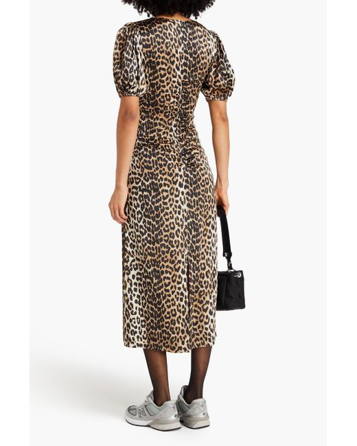 Ganni Multicolor Ruched Leopard-print Silk-blend Satin Midi Dress