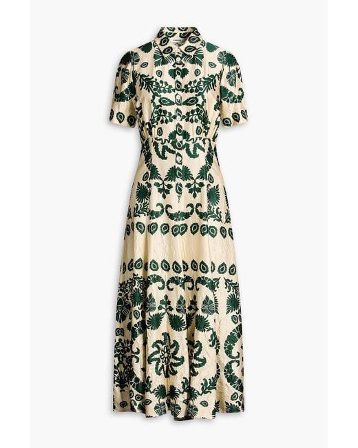 Sandro Green Printed Crinkled-Satin Midi Shirt Dress
