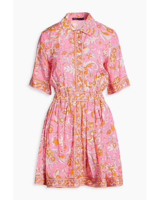 Maje Pink Floral-Print Slub Woven Mini Shirt Dress