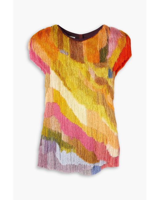 Dries Van Noten Orange Asymmetric Fringed Crepe Blouse