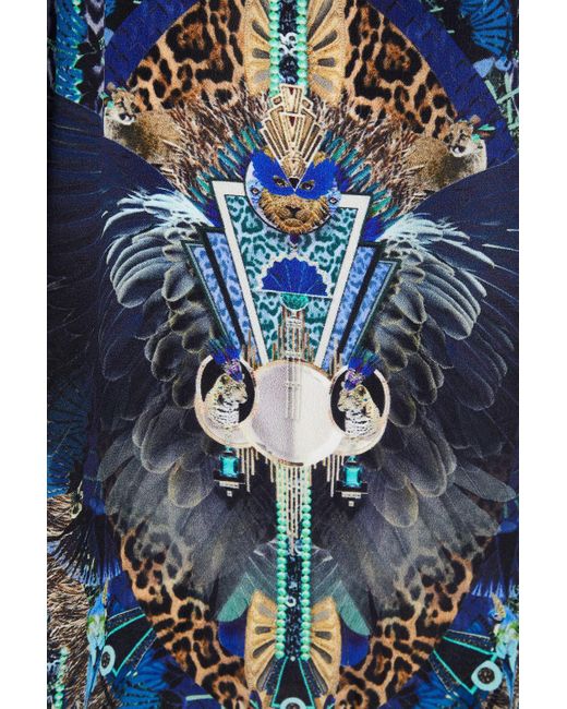 Camilla Blue Bedrucktes minikleid aus crêpe de chine aus seide mit wickeleffekt und kristallverzierung