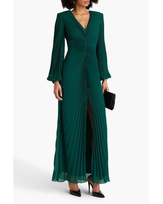 Badgley Mischka Green Plissé-georgette Gown
