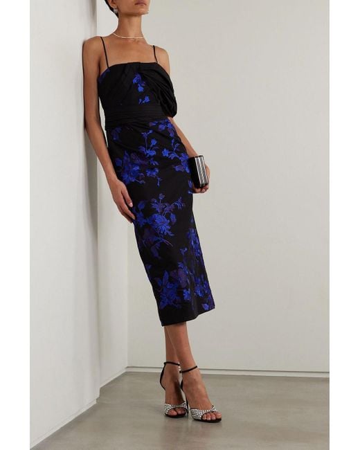 Erdem Blue One-Shoulder Embroidered Cotton-Faille Midi Dress