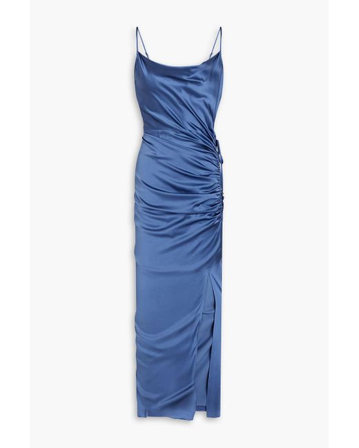 Veronica Beard Blue Ruched Silk-blend Satin Maxi Slip Dress