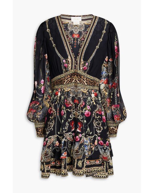 Camilla Black Crystal-embellished Printed Silk Crepe De Chine Mini Dress