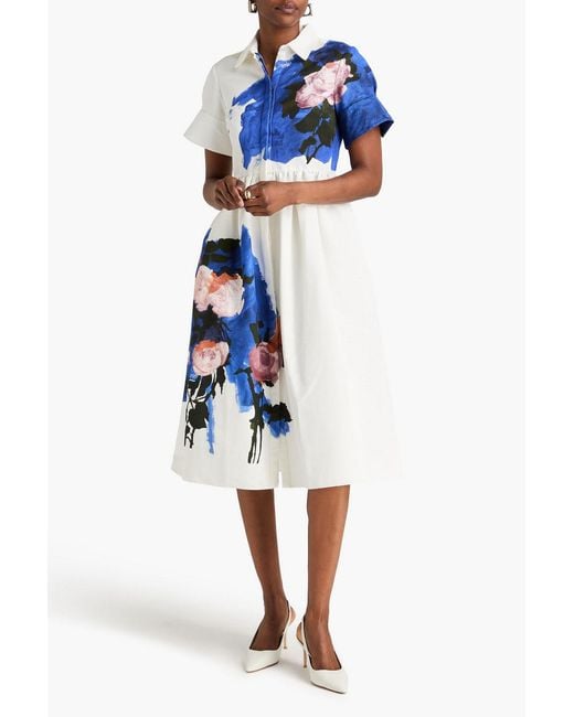 Erdem Blue Floral-print Cotton-blend Faille Midi Shirt Dress