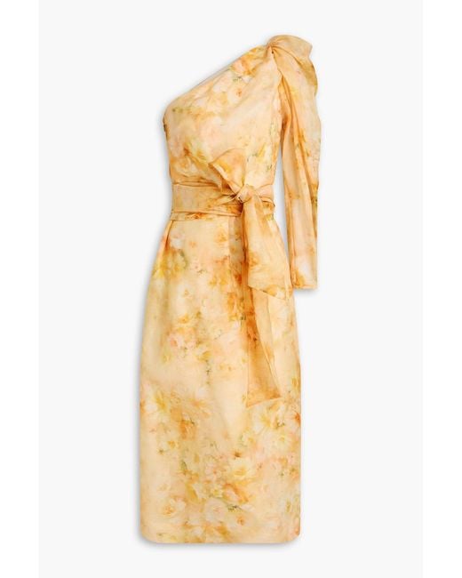 Zimmermann Metallic One-Shoulder Floral-Print Linen And Silk-Blend Gauze Midi Dress