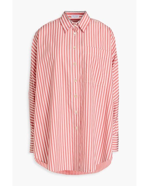 Brunello Cucinelli Pink Gestreiftes hemd aus popeline aus einer baumwoll-seidenmischung mit zierperlen