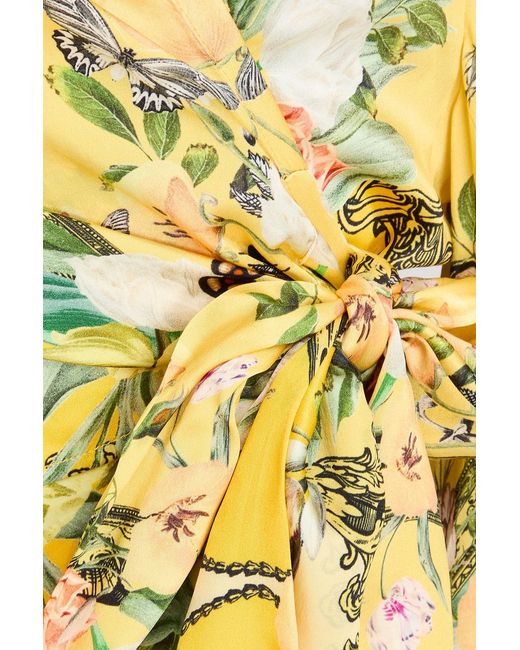 Camilla Yellow Floral-Print Silk-Satin Wrap Blouse