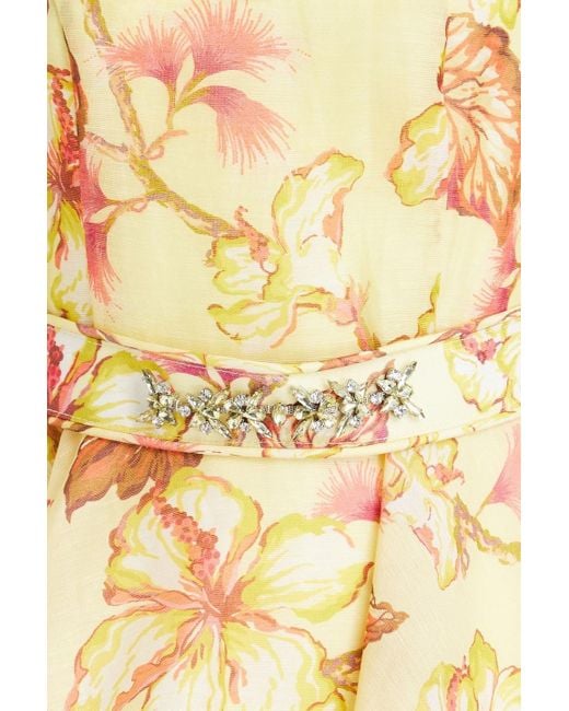 Zimmermann Yellow Belted Floral-print Linen And Silk-blend Mini Dress