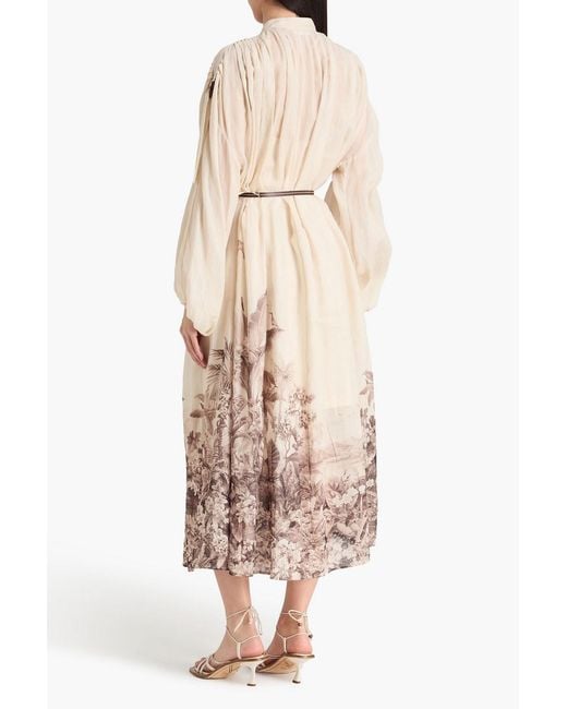 Zimmermann Natural Belted Floral-Print Ramie Midi Shirt Dress