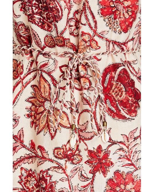 Zimmermann Red Fringed Floral-print Linen And Macramé Maxi Dress