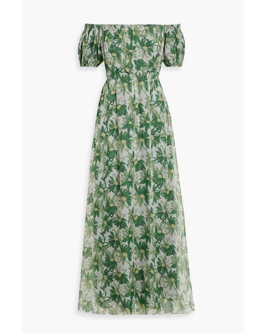 HVN Green Nancy Off-The-Shoulder Floral-Print Silk-Chiffon Maxi Dress