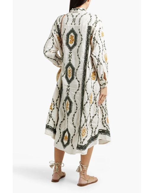 Agua Bendita White Frida Calado Embroidered Linen Midi Shirt Dress