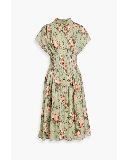 Mikael Aghal Metallic Pleated Floral-Print Chiffon Midi Shirt Dress