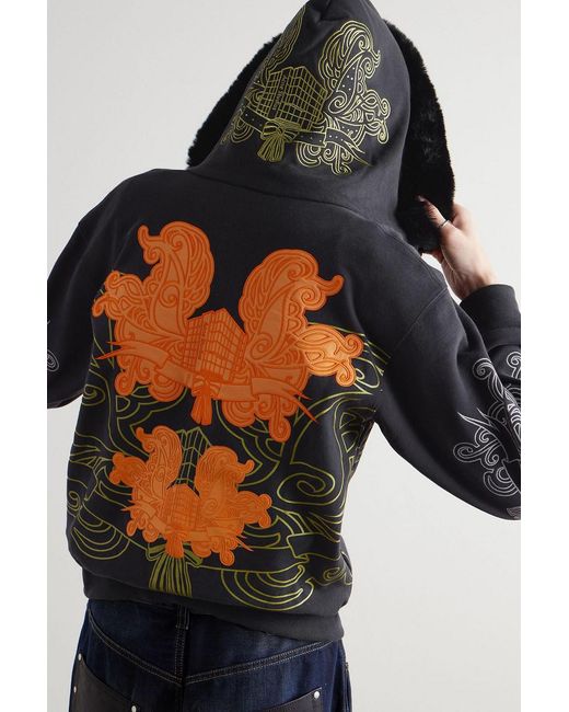 Acne Black Plush-Trimmed Embroidered Cotton-Jersey Hoodie for men