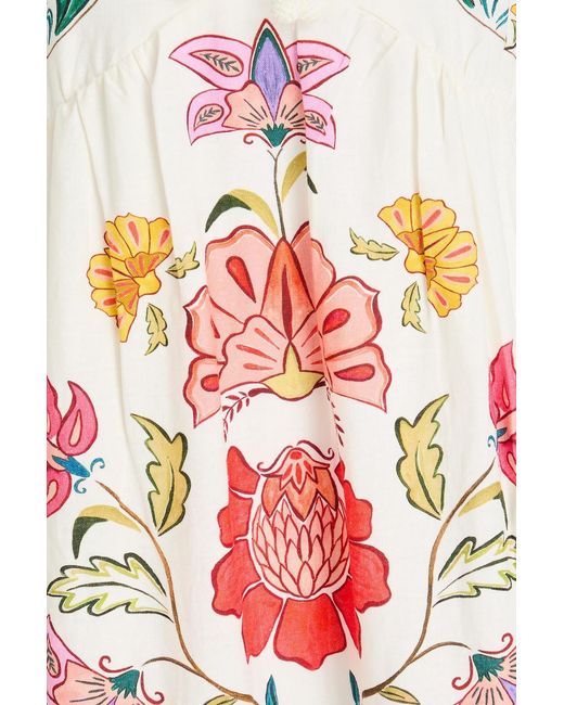 Farm Rio White Tiered Floral-Print Linen-Blend Mini Dress