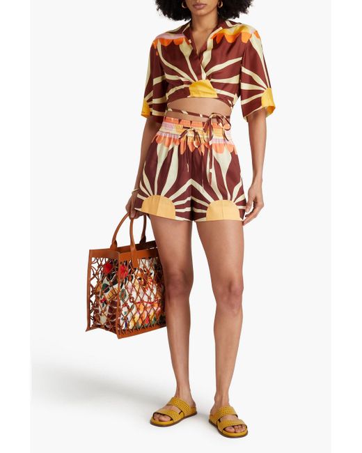 Sandro Brown Cropped Printed Silk-Till Wrap Blouse