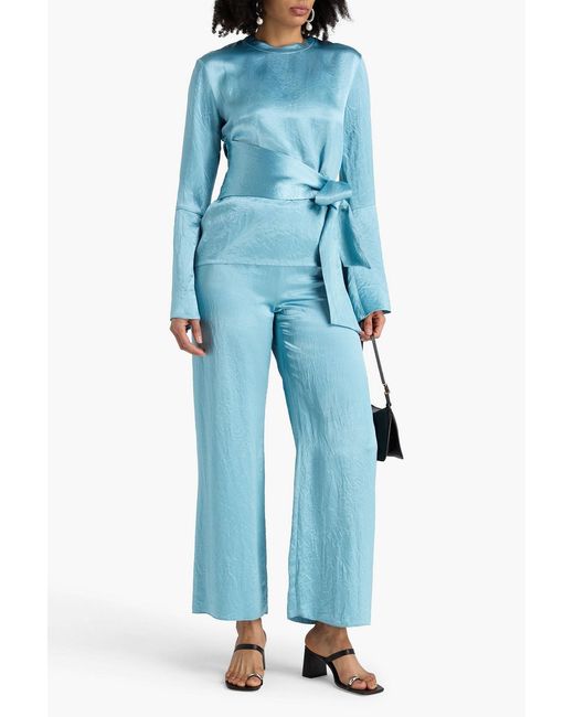 Nanushka Blue Ilone Belted Crinkled-Satin Blouse