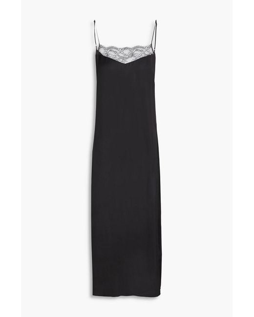 Maje Black Lace-Trimmed Satin Midi Slip Dress