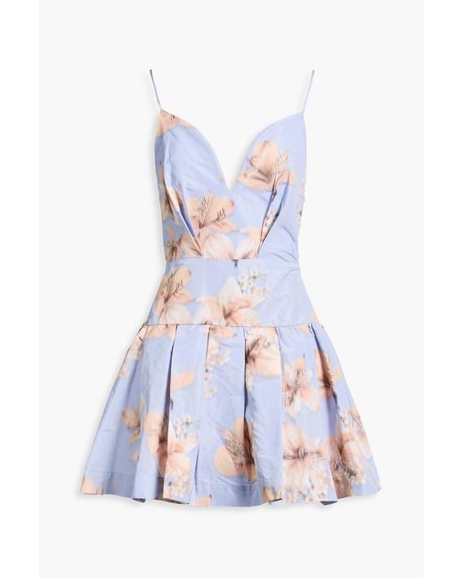 Maje White Pleated Floral-Print Faille Mini Dress