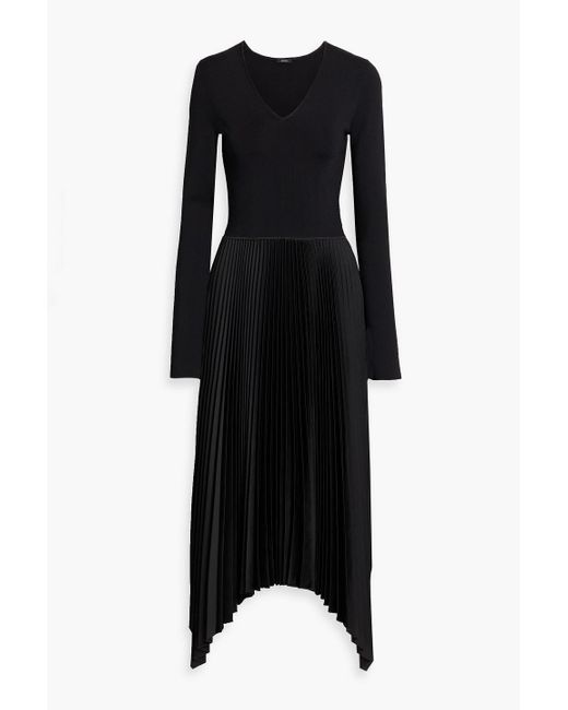 JOSEPH Women's Black Dubois Knit-Paneled Pleated Satin Midi Dress