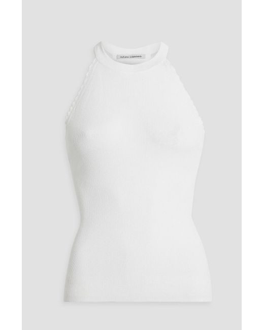 Autumn Cashmere White Scalloped Cutout Ribbed-knit Halterneck Top