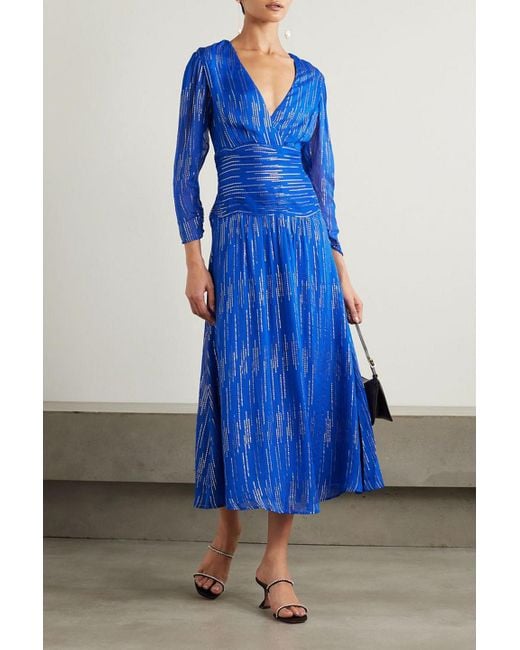 Rixo Blue Racquel Ruched Metallic Jacquard Midi Dress