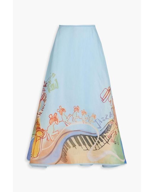 Zimmermann Blue Printed Linen And Silk-blend Maxi Skirt