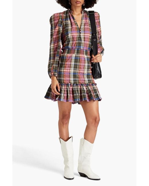 Veronica Beard Green Destiny Ruffled Metallic Checked Cotton-blend Mini Dress