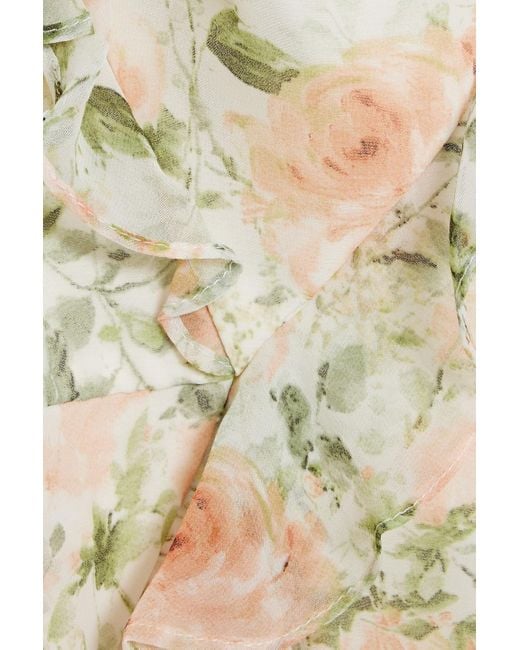 Mikael Aghal White Ruffled Floral-print Chiffon Dress