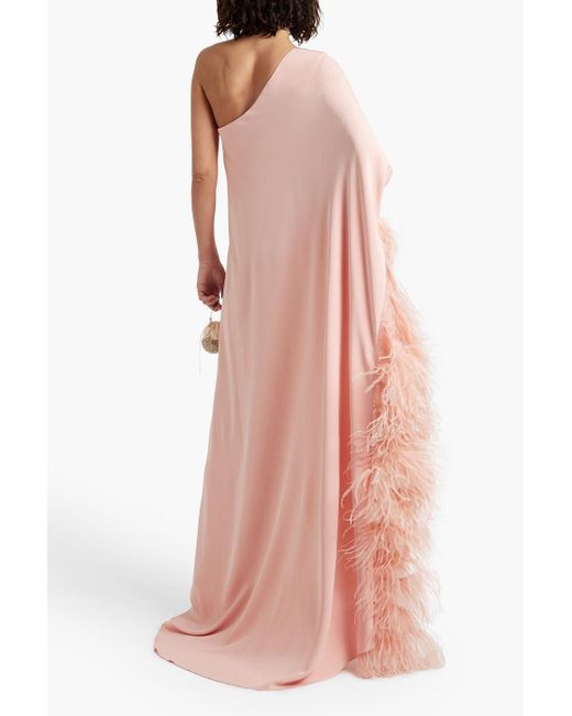 Monique Lhuillier Pink One-sleeve Feather-embellished Crepe Gown