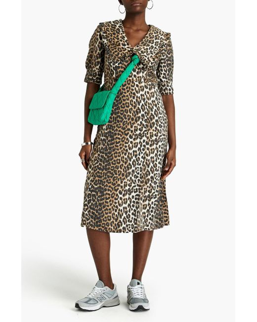 Ganni Natural Leopard-print Denim Midi Dress