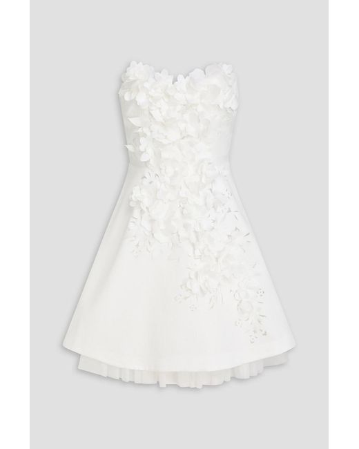 Badgley Mischka White Strapless Floral-Appliquéd Jacquard Mini Dress