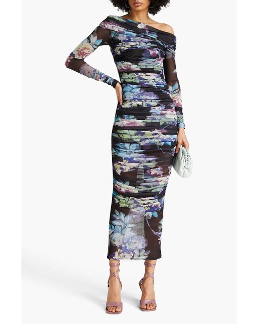 Nicholas Blue Oaklyn Off-the-shoulder Floral-print Stretch-mesh Maxi Dress