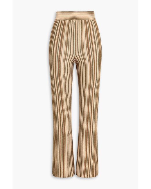 Veronica Beard Natural Massaro Metallic Striped Ribbed-Knit Flared Pants