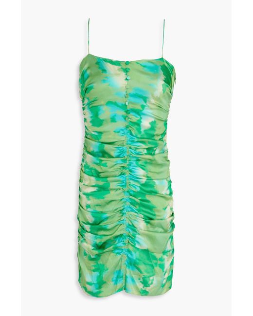 Ganni Green Gerafftes minikleid aus satin aus einer seidenmischung mit print