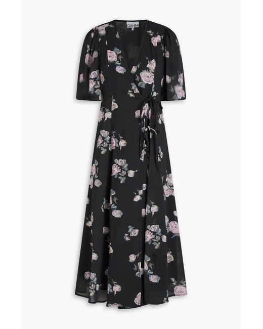 Ganni Black Midi-wickelkleid aus crêpe mit floralem print
