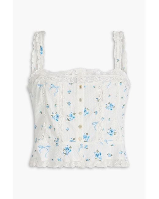 LoveShackFancy White Vietta Lace-Trimmed Embroidered Cotton-Voile Top
