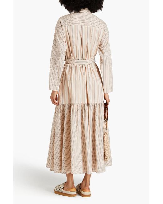Brunello Cucinelli Natural Gestreiftes hemdkleid in maxilänge aus popeline aus einer baumwoll-seidenmischung mit gürtel