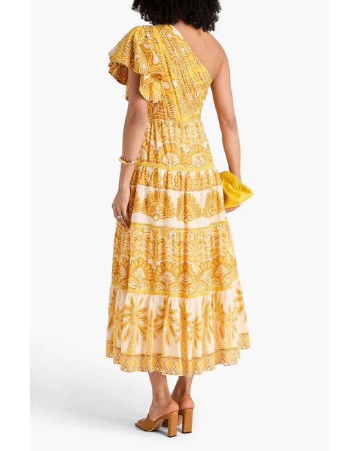 Farm Rio Metallic One-shoulder Ruffled Printed Tm And Cotton-blend Midi Dress