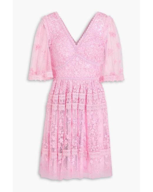 Needle & Thread Pink Crochet-trimmed Embroidered Tulle Mini Dress