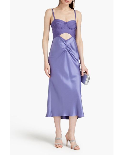 Hervé Léger Purple Bandage-paneled Draped Satin Midi Dress