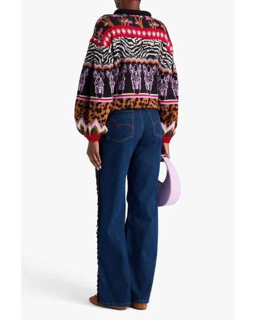 Farm Rio Blue Bead-embellished High-rise Wide-leg Jeans