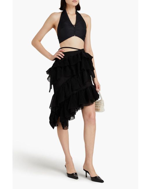 Cult Gaia Black Tanaz Asymmetric Tiered Knitted Midi Skirt