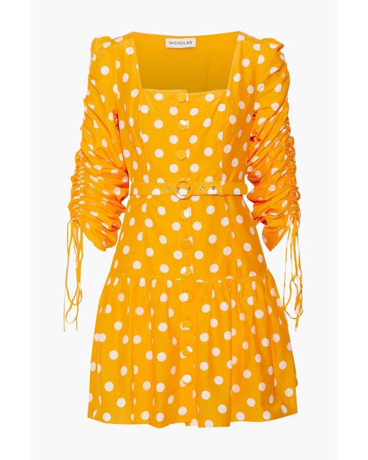 Nicholas Yellow Belted Ruched Polka-dot Cotton And Silk-blend Mini Dress