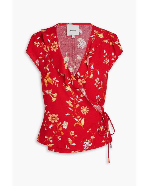 Reformation Red Clemence Floral-print Crepe Wrap Top