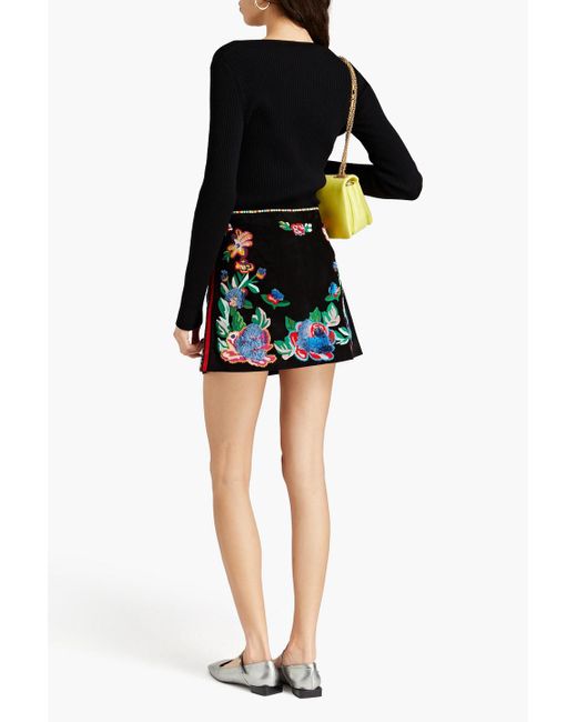 Valentino Garavani Black Floral-appliquéd Suede Mini Skirt